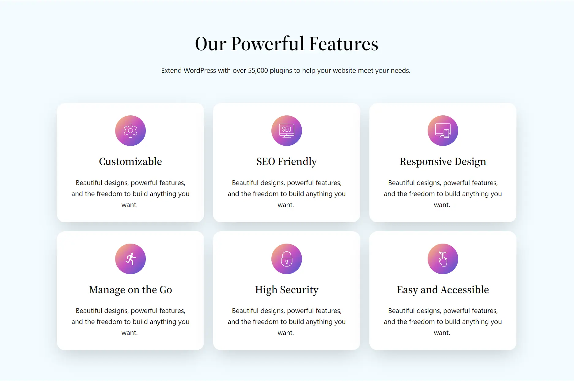 Grid – 3 columns – icon text boxes, entrance animation, hover effect