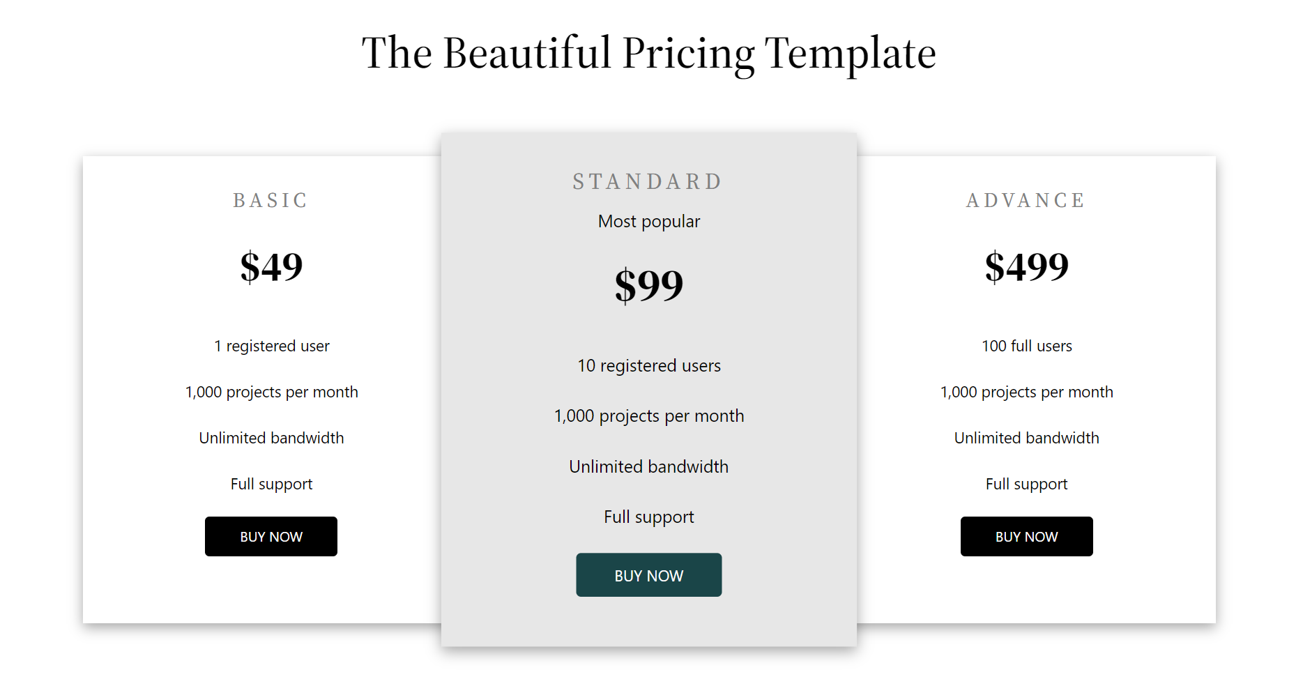 Pricing table – 3 columns