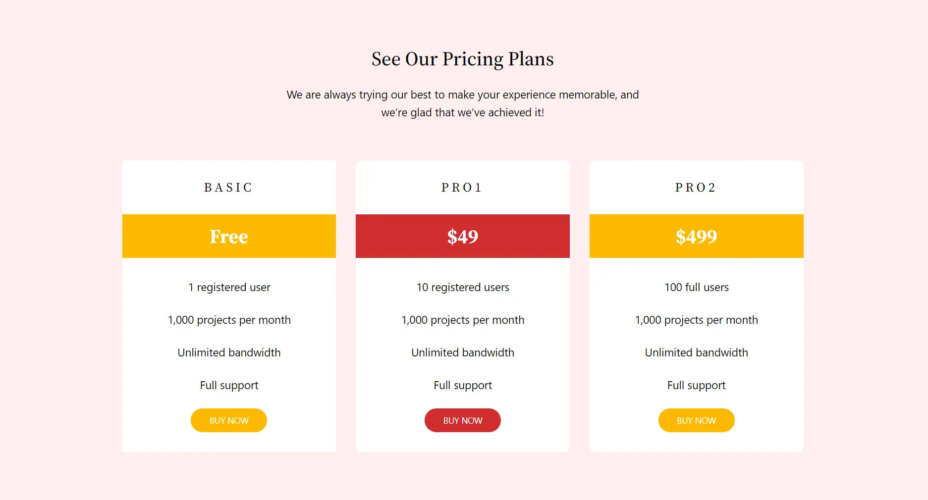 Grid 3 columns – Pricing table, entrance animations