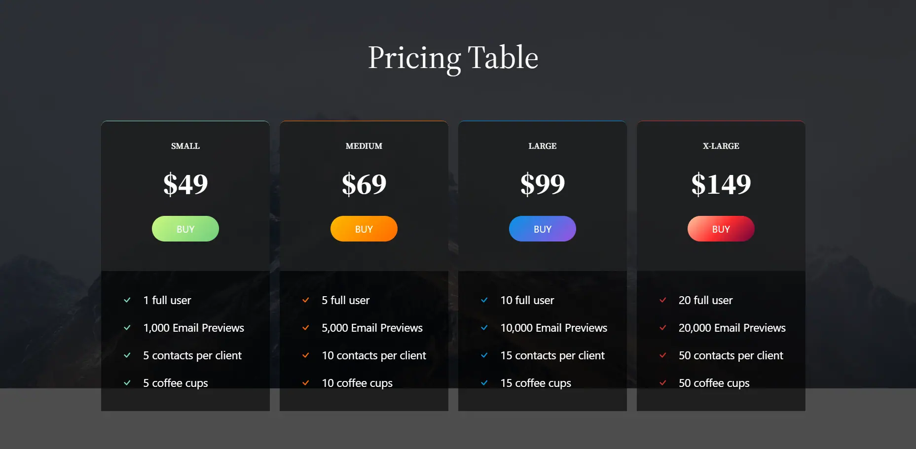 Grid 4 columns – pricing table, paralax background image