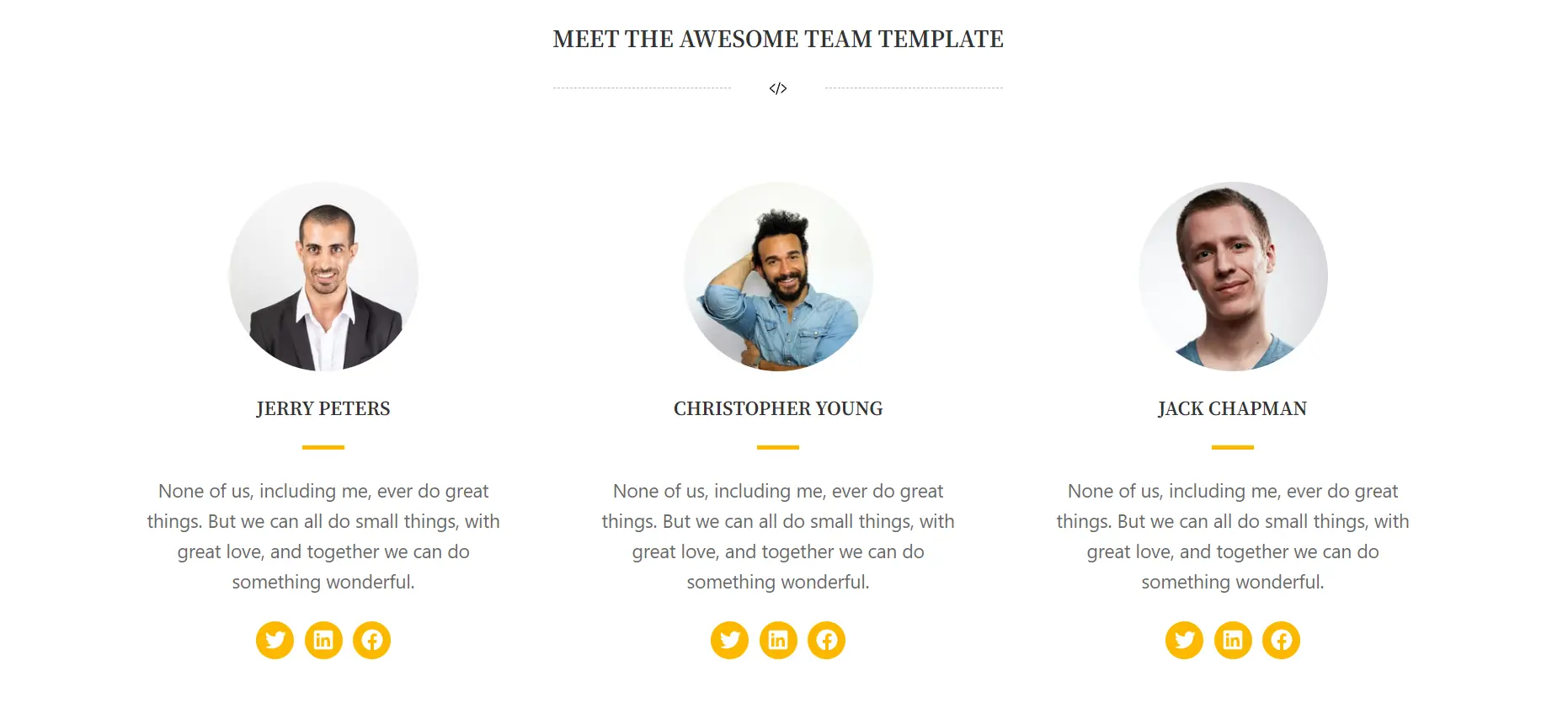 Grid 3 columns – team member, image text card, social links