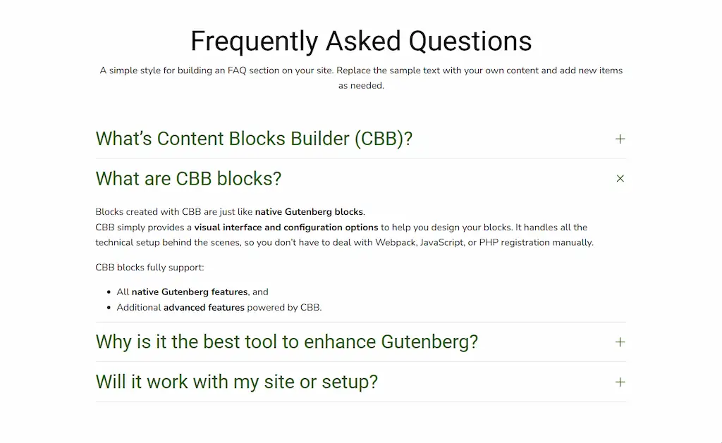 FAQs using the accordion layout